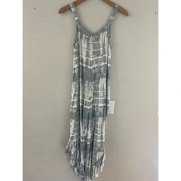 Japna Womens Grey White Tie Dye Ruffle Hem Wide Leg Jumpsuit Size M Boho Rayon - Picture 2 of 9
